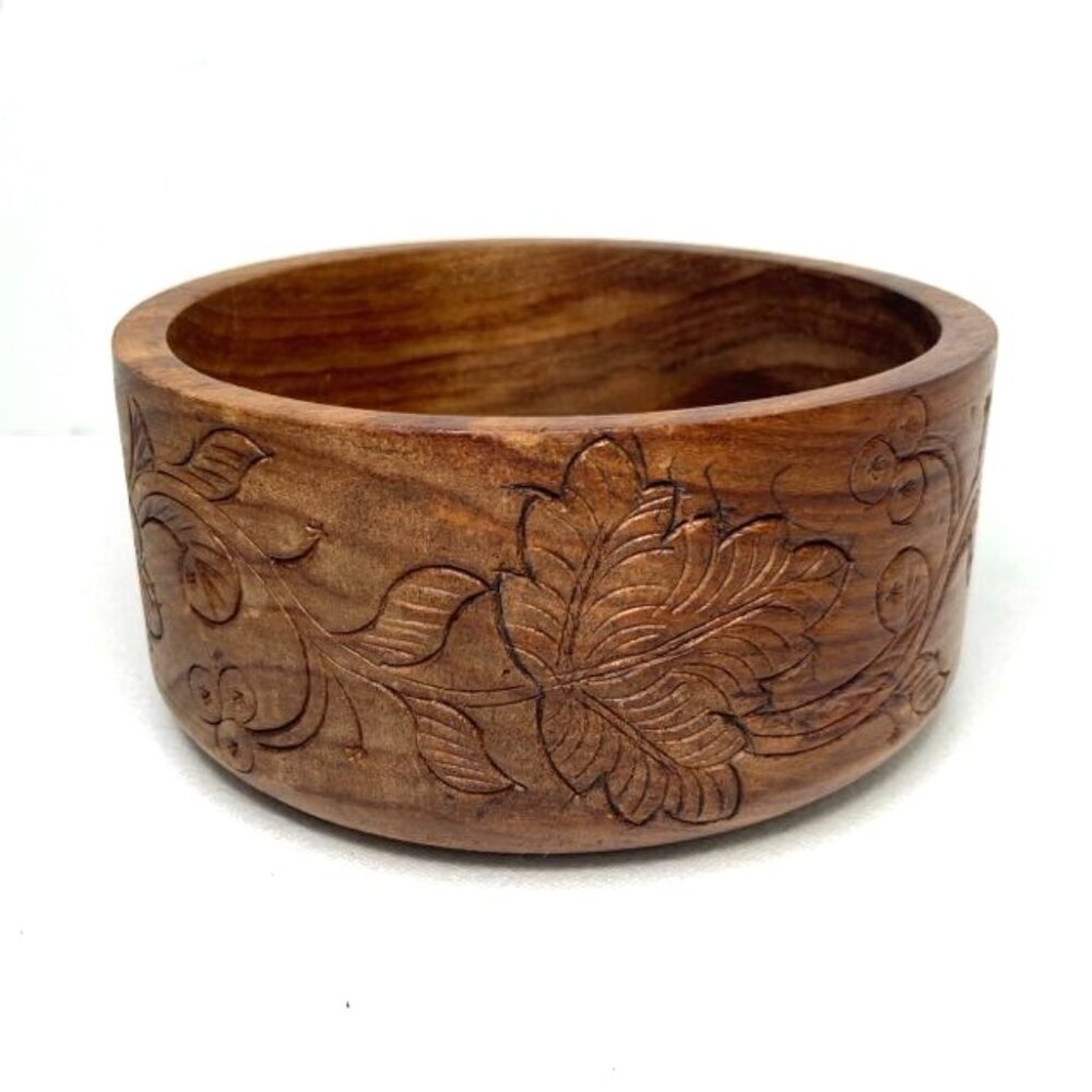 Vintage Wood Carved Bowl Floral MCM Boho‎ Neutral